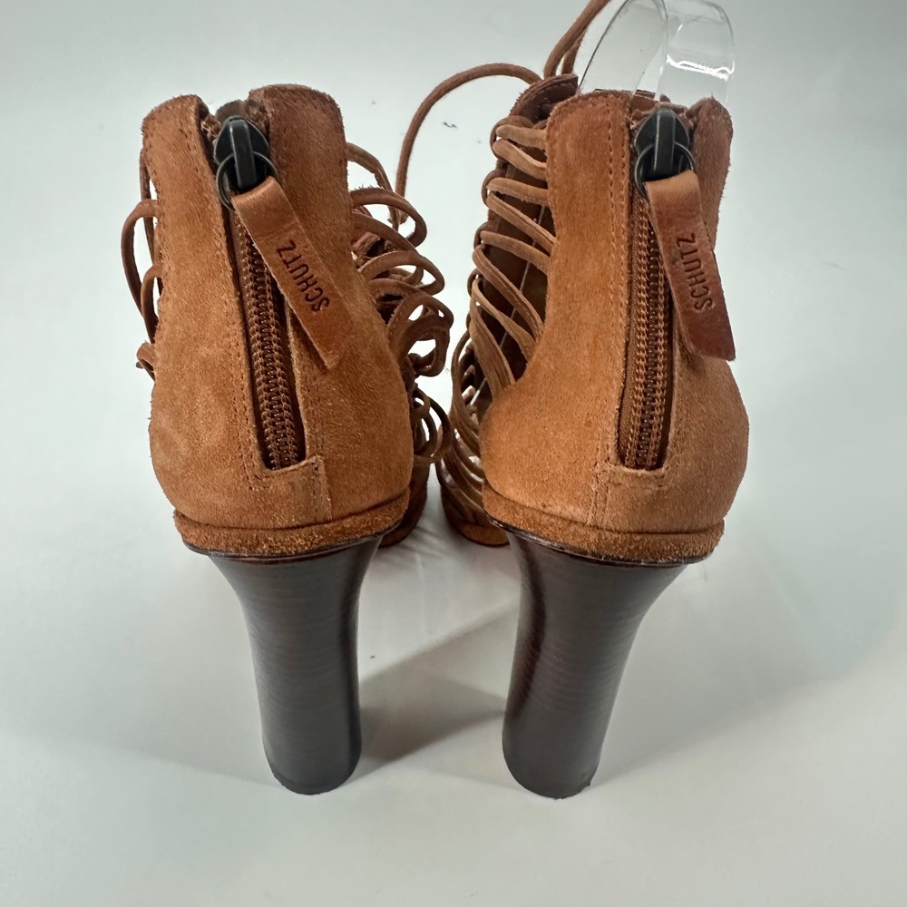 Schutz Brady Suede Leather Cage Lace Up Stacked High Heel Sandals Saddle 9B - Picture 3 of 10